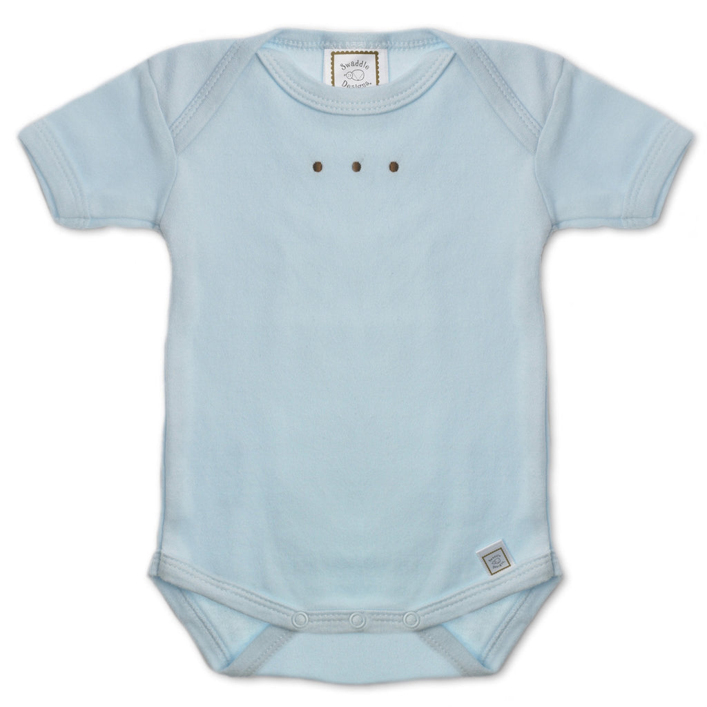 Short Sleeve Bodysuit - Pastel with Mocha Dots, Pastel Blue