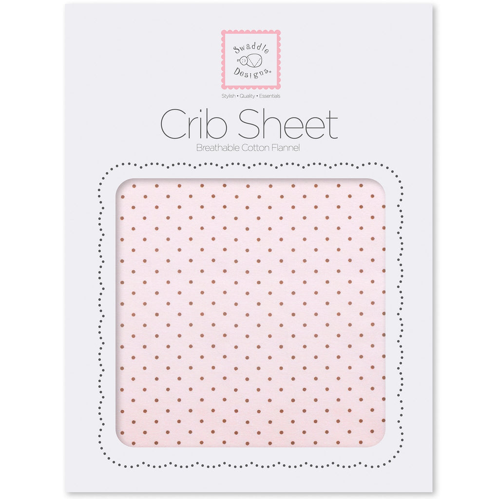 Flannel Fitted Crib Sheet - Brown Polka Dots, Pastel Pink