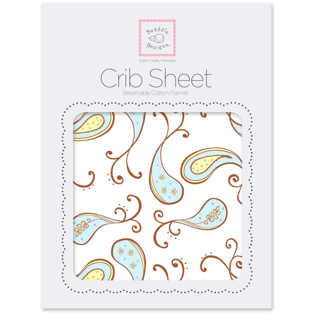 Flannel Fitted Crib Sheet - Triplets Paisley, Pastel Blue
