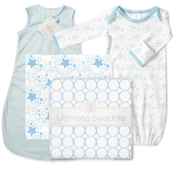 Baby Velvet zzZipMe Sack - Ultimate, Muslin Swaddle Newborn Gift Set, Pastel Blue