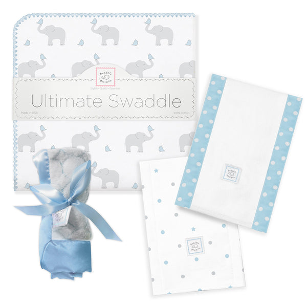 Ultimate Swaddle, Burpie and Lovie Newborn Gift Set - Pastel Blue