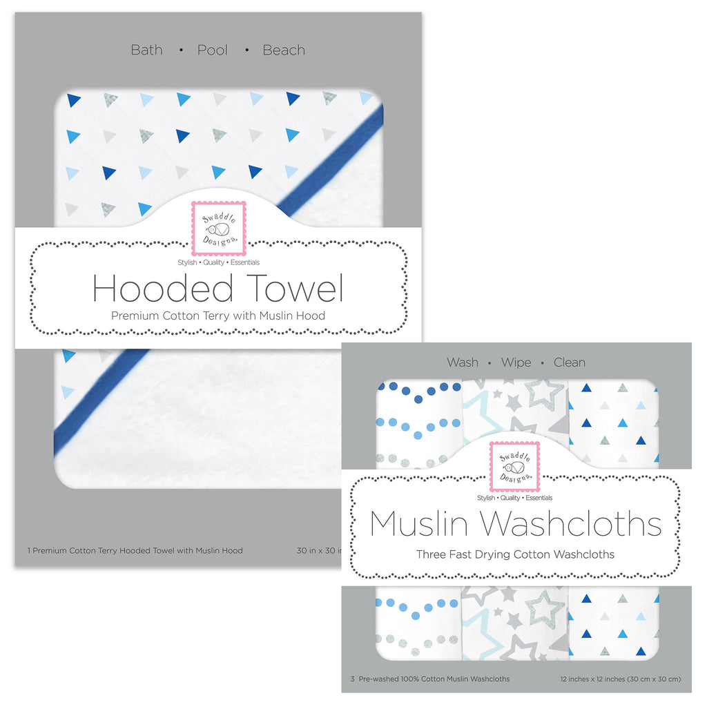 Muslin + Terry Hooded Towel and Washcloth Set - Tiny Triangles, Blue