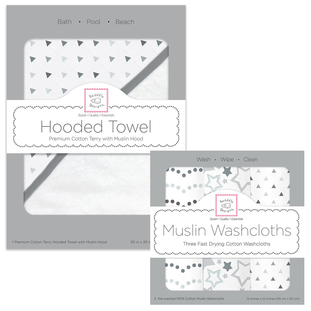 Muslin + Terry Hooded Towel and Washcloth Set - Tiny Triangles, Sterling