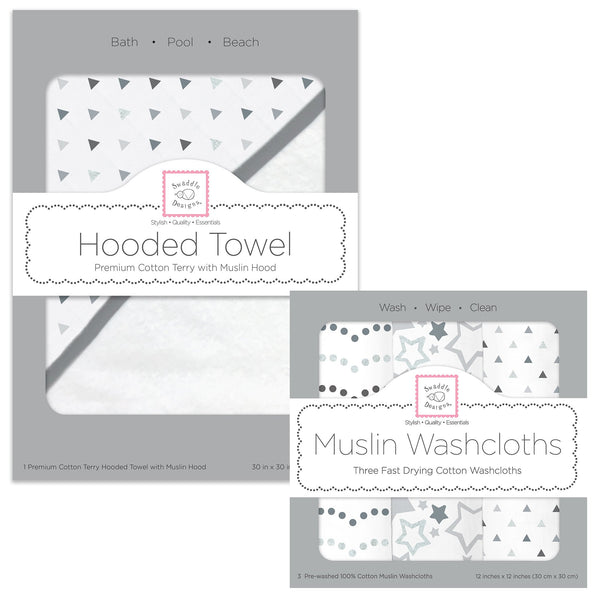 Muslin + Terry Hooded Towel and Washcloth Set - Tiny Triangles, Sterling