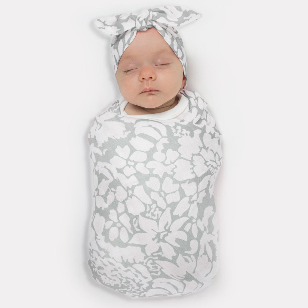 Marquisette Swaddle Blanket + Marquisette Headband Gift Set, Sterling