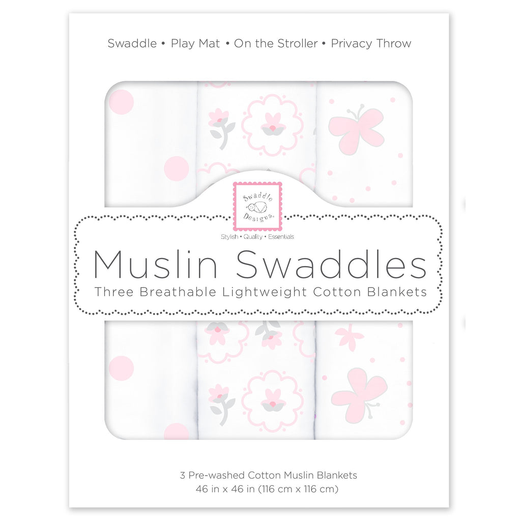 Muslin Swaddle Blankets - Butterflies & Posies (Set of 3), Pastel Pink