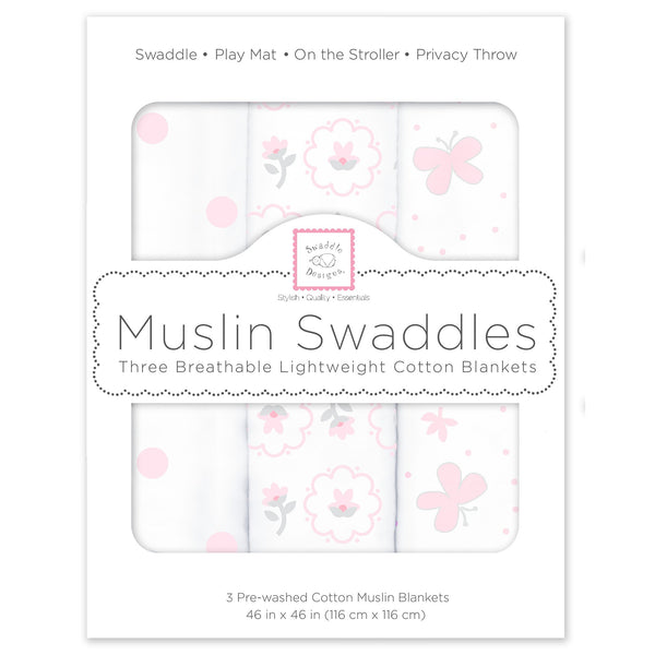 Muslin Swaddle Blankets - Butterflies & Posies (Set of 3), Pastel Pink