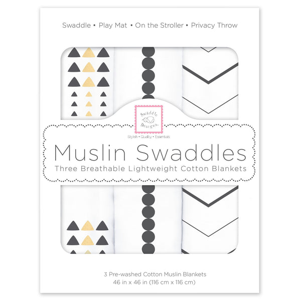 Muslin Swaddle Blankets - Gold & Graphite with Shimmer (Set of 3)