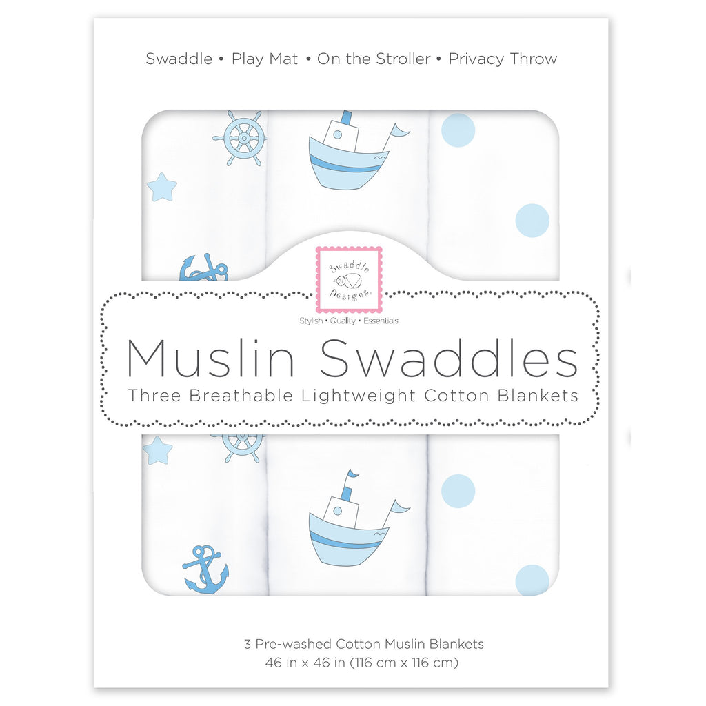 Muslin Swaddle Blankets - Little Ships (Set of 3), Pastel Blue