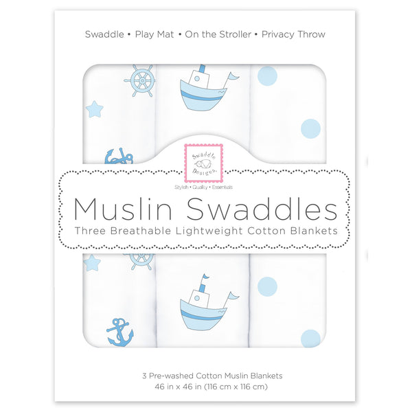Muslin Swaddle Blankets - Little Ships (Set of 3), Pastel Blue