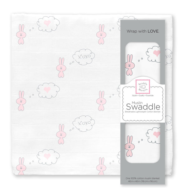 Muslin Swaddle Single - Pastel Pink Bunnie Heart