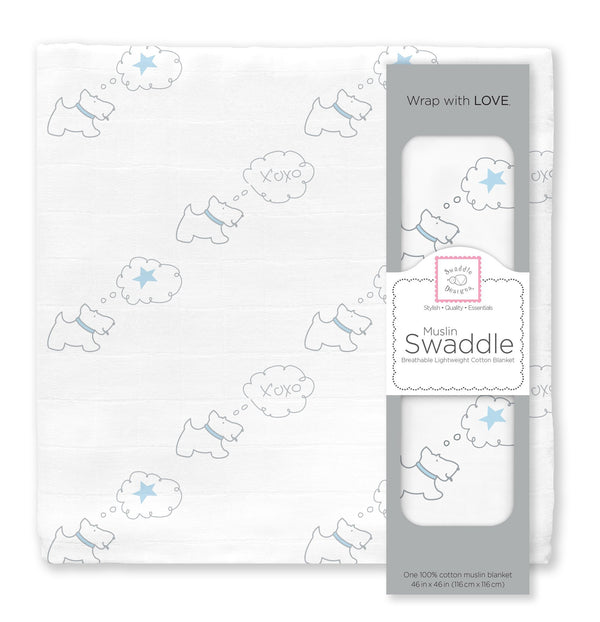 Muslin Swaddle Single - Pastel Blue Doggie Star