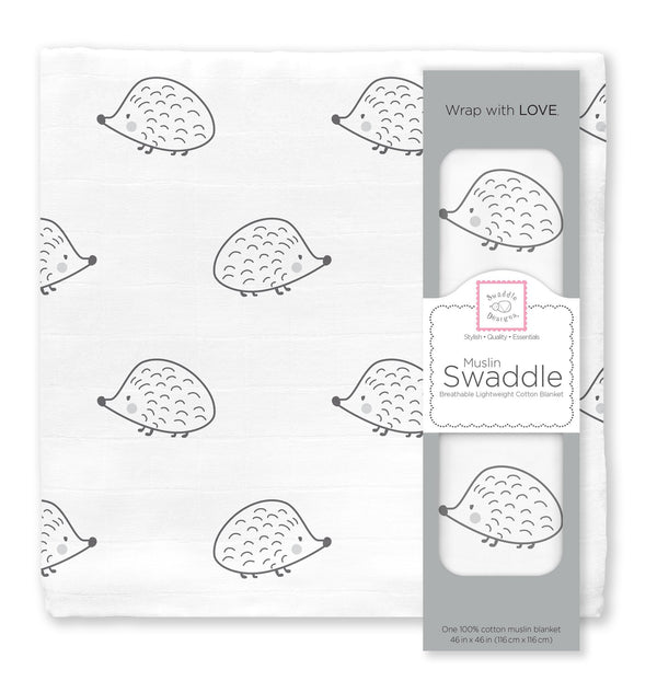 Muslin Swaddle Single - Hedgehog, Soft Black