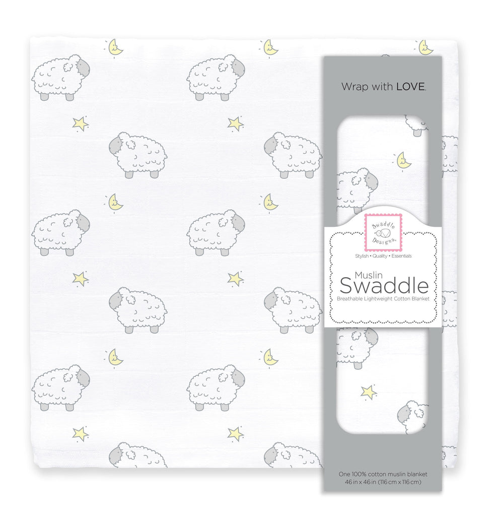 Muslin Swaddle Single - Little Lambs and Stars Sterling