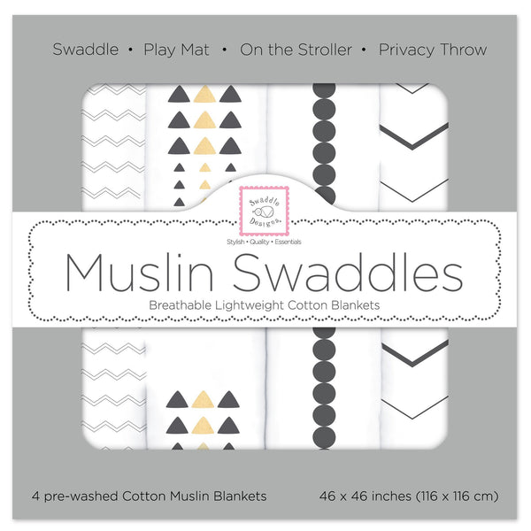 Muslin Swaddle Blankets - Gold and Graphite with Shimmer (Set of 4)