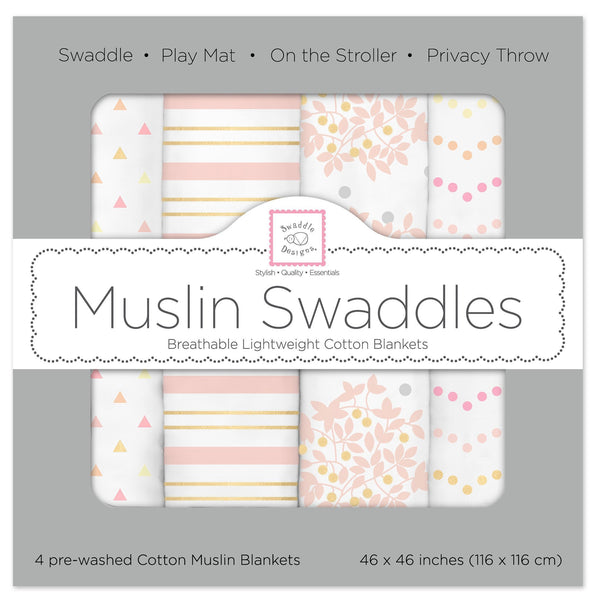 Muslin Swaddle Blankets - Heavenly Floral Shimmer (Set of 4)