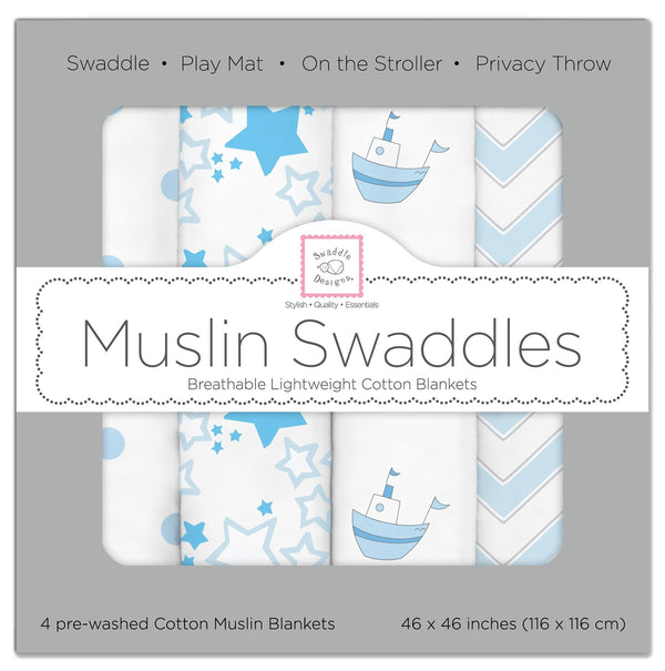 Muslin Swaddle Blankets - Little Ships (Set of 4)