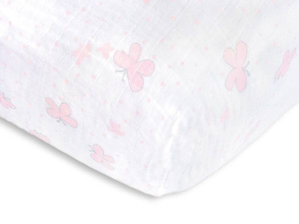 Muslin Fitted Crib Sheet - Butterflies - Pastel Pink