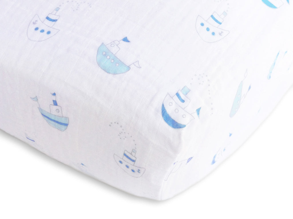 Muslin Fitted Crib Sheet - Little Ships - Pastel Blue