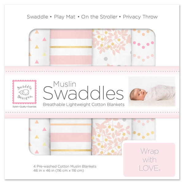 Muslin Swaddle Blankets - Heavenly Floral with Shimmer (Set of 4)