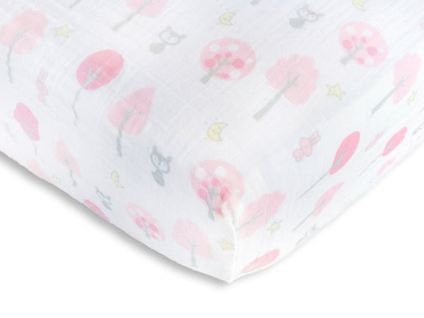Muslin Fitted Crib Sheet - Pink Thicket