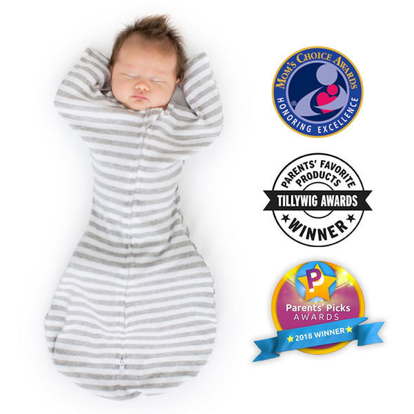 Transitional Swaddle Sack  - Arms Up Sleeves & Mitten Cuffs, Stripes, Heather Gray