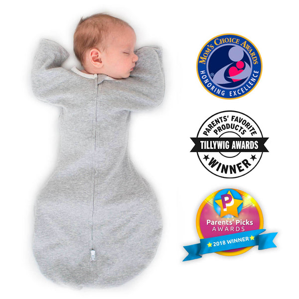 Transitional Swaddle Sack - Arms Up Sleeves & Mitten Cuffs, Solid, Heather Gray with Polka Dot Trim
