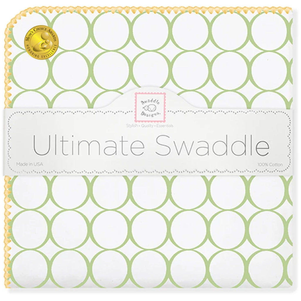 Ultimate Swaddle Blanket - Mod Circles on White, Kiwi with Yellow Trim