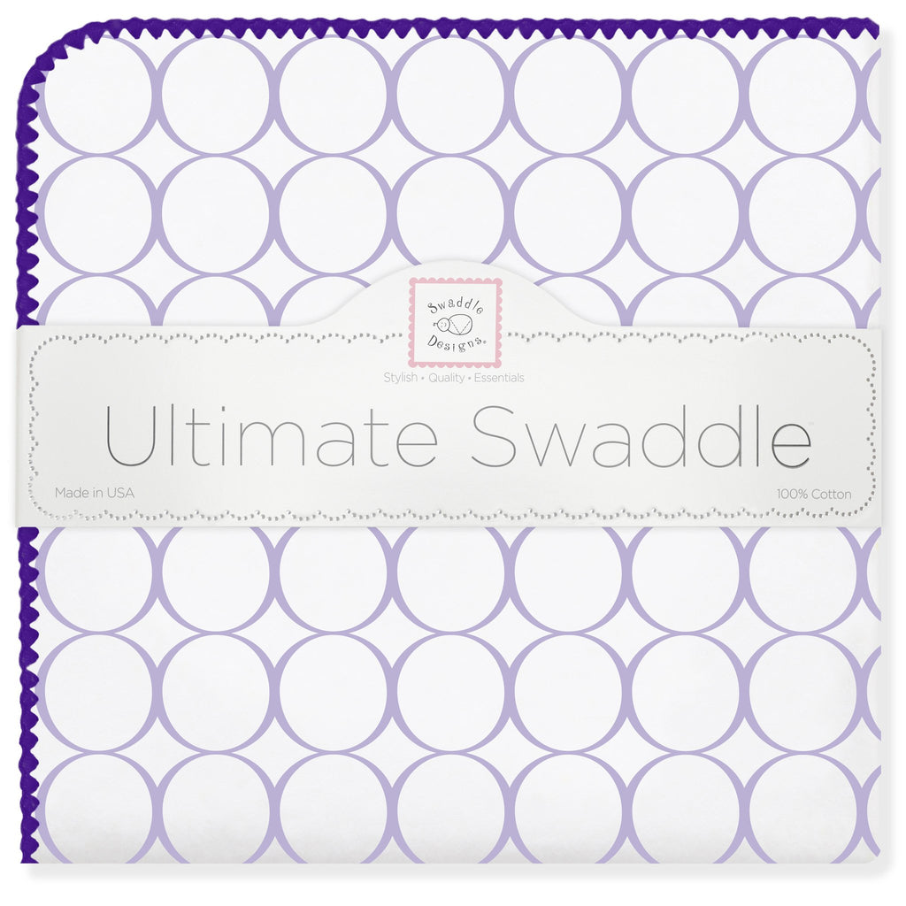 Ultimate Swaddle Blanket - Mod Circles on White, Lavender with Power Purple Trim