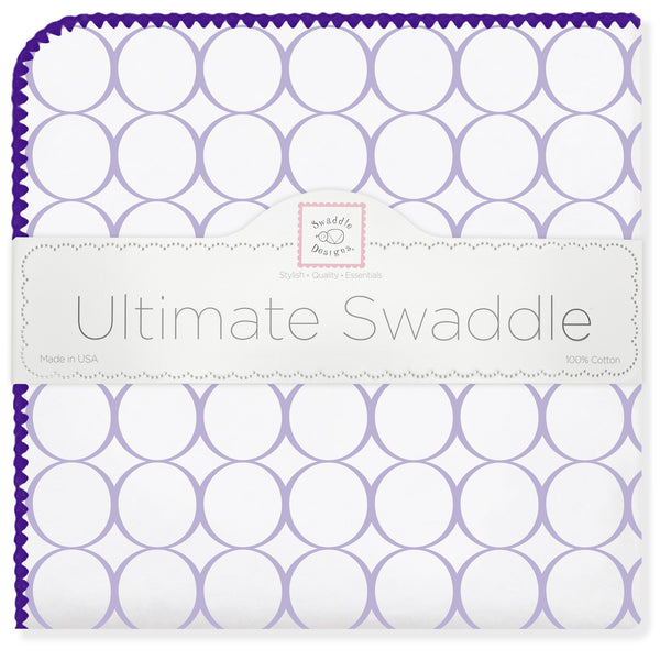 Ultimate Swaddle Blanket - Mod Circles on White, Lavender with Power Purple Trim