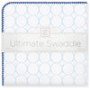 Ultimate Swaddle Blanket - Mod Circles on White, Pastel Blue with True Blue Trim