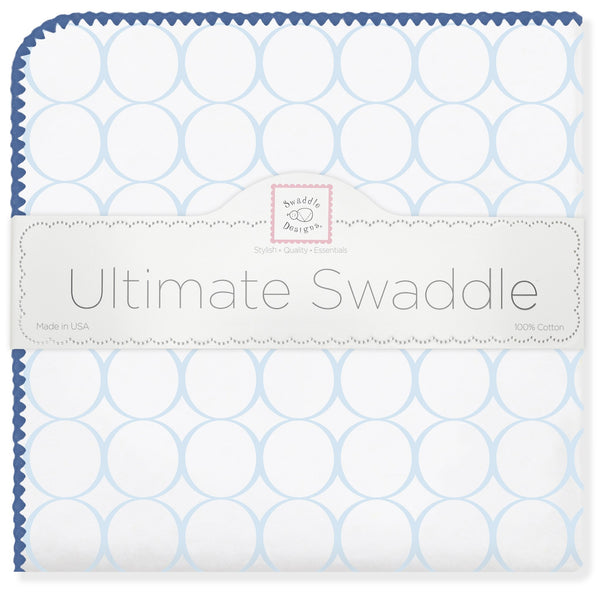 Ultimate Swaddle Blanket - Mod Circles on White, Pastel Blue with True Blue Trim