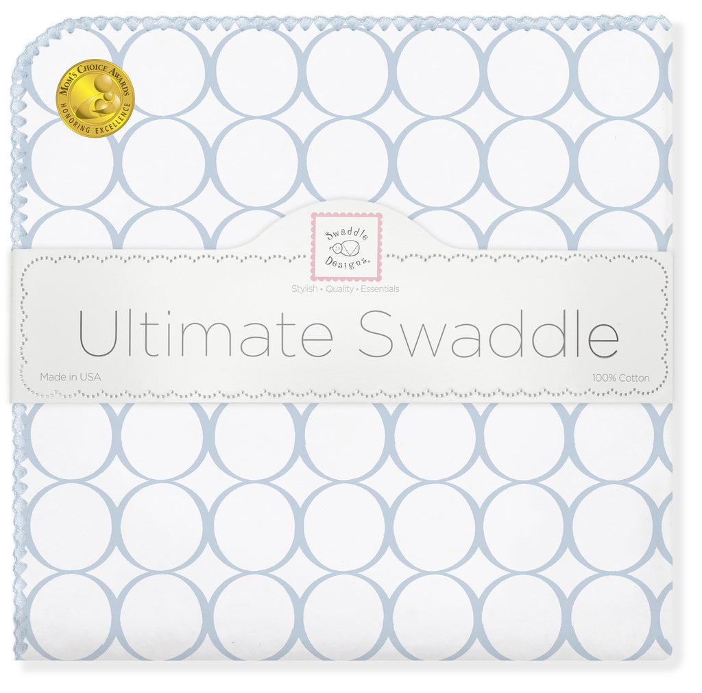 Ultimate Swaddle Blanket - Mod Circles on White, Pastel Blue