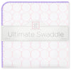 Ultimate Swaddle Blanket - Mod Circles on White, Pastel Pink with Lavender Trim