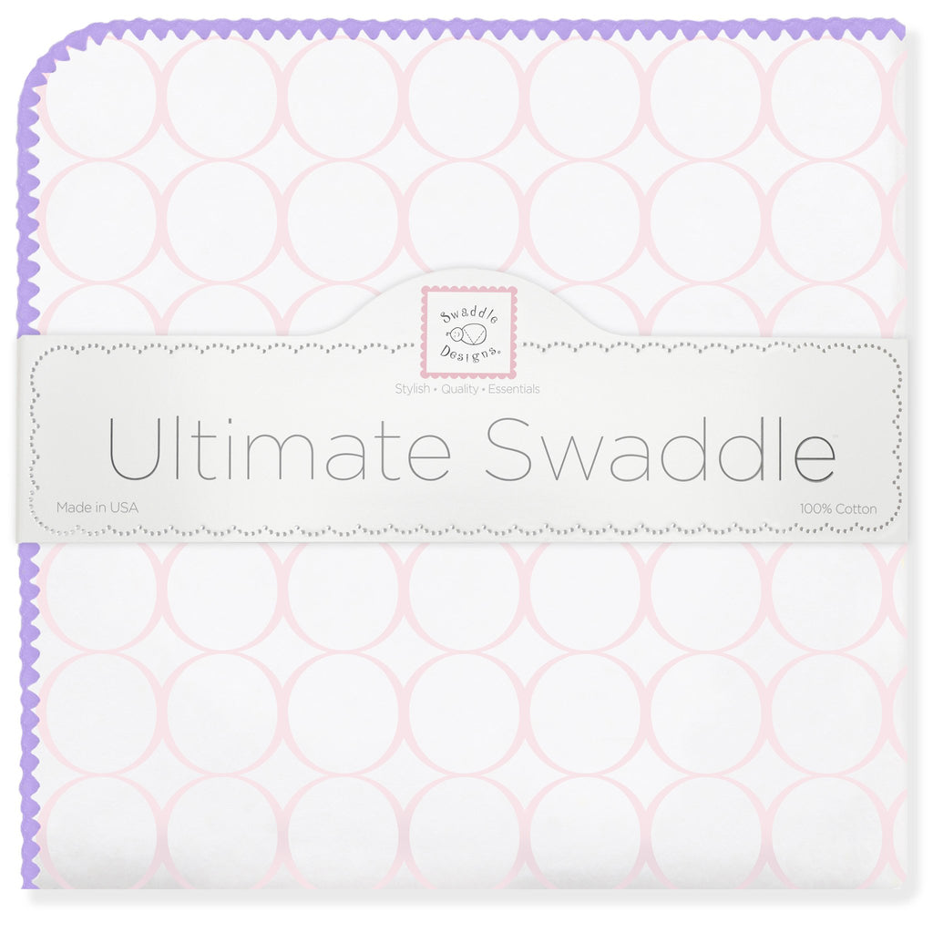 Ultimate Swaddle Blanket - Mod Circles on White, Pastel Pink with Lavender Trim