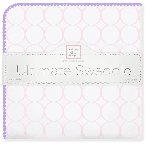 Ultimate Swaddle Blanket - Mod Circles on White, Pastel Pink with Lavender Trim