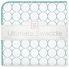 Ultimate Swaddle Blanket - Mod Circles on White, SeaCrystal with Turquoise Trim