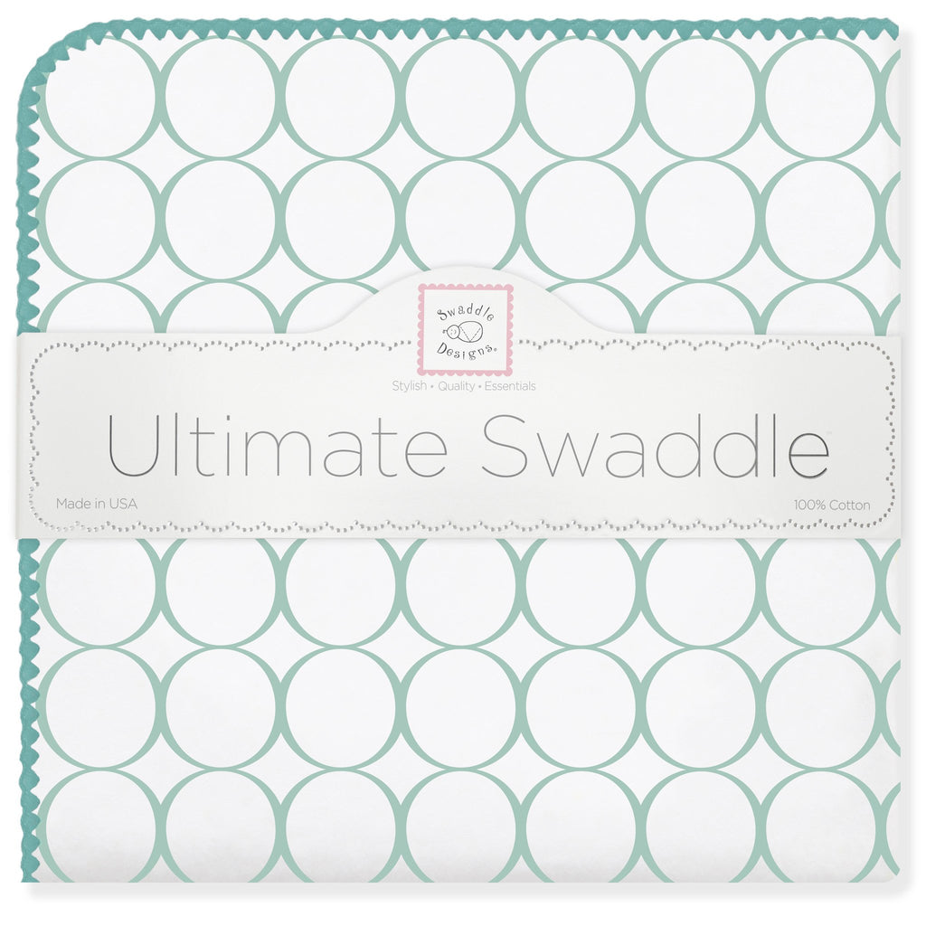 Ultimate Swaddle Blanket - Mod Circles on White, SeaCrystal with Turquoise Trim