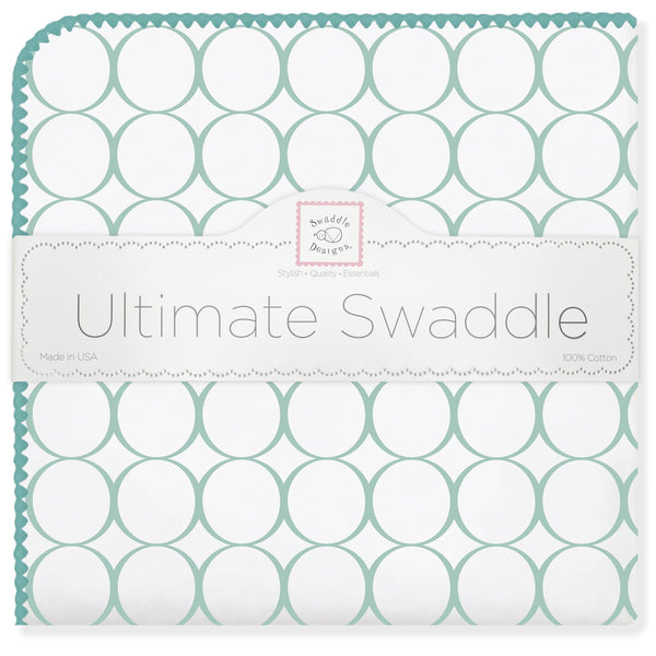 Ultimate Swaddle Blanket - Mod Circles on White, SeaCrystal with Turquoise Trim