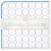 Ultimate Swaddle Blanket - Mod Circles on White, Sterling w/ Blue Trim