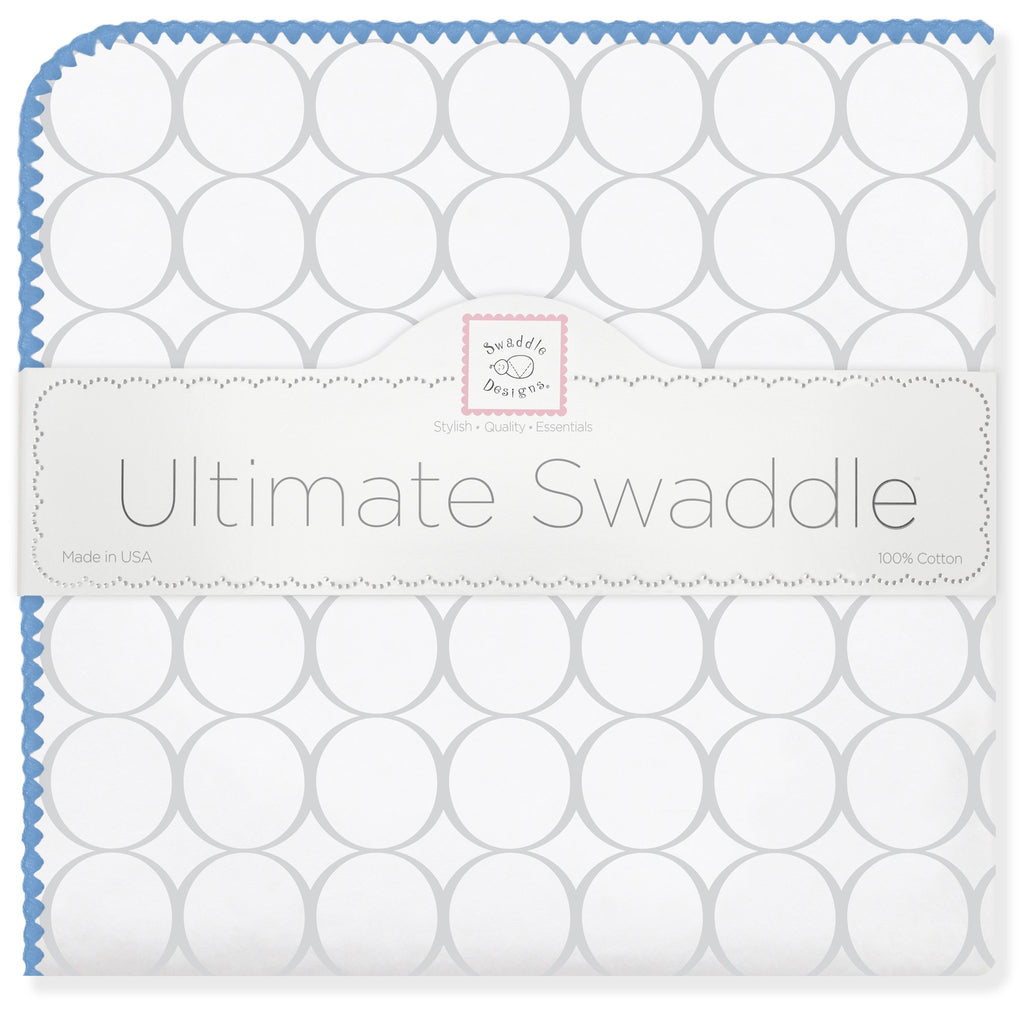 Ultimate Swaddle Blanket - Mod Circles on White, Sterling w/ Blue Trim