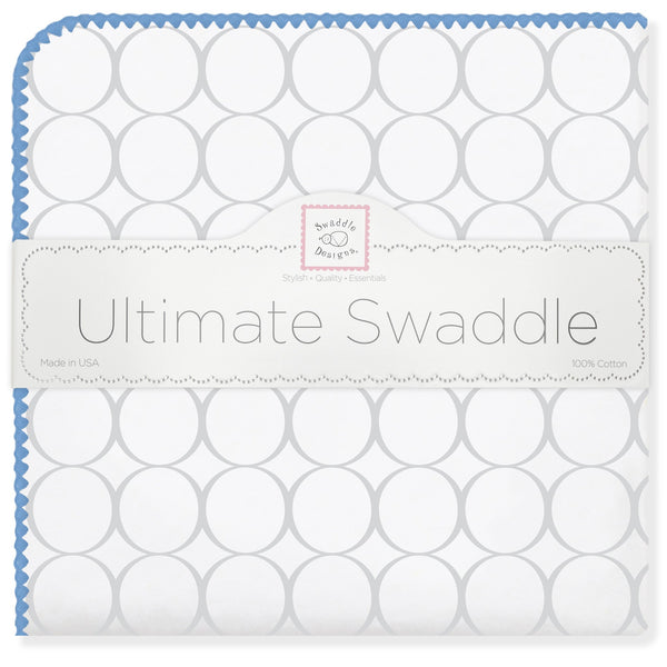 Ultimate Swaddle Blanket - Mod Circles on White, Sterling w/ Blue Trim