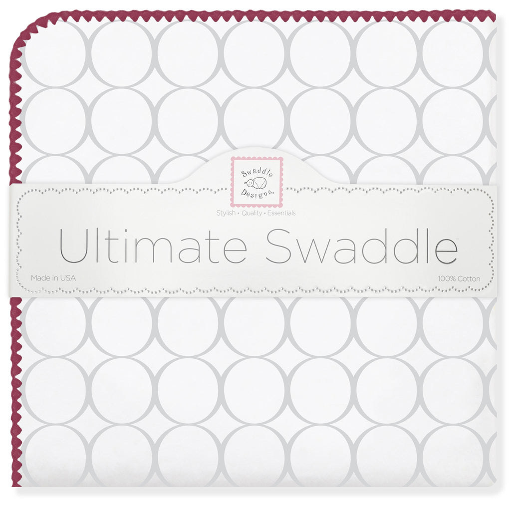Ultimate Swaddle Blanket - Mod Circles on White, Sterling w/ Strawberry Trim