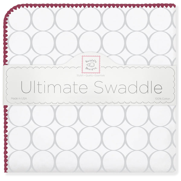 Ultimate Swaddle Blanket - Mod Circles on White, Sterling w/ Strawberry Trim