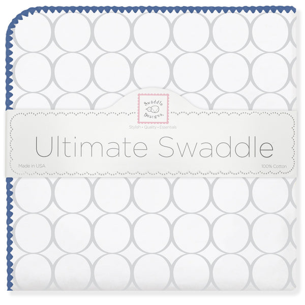Ultimate Swaddle Blanket - Mod Circles on White, Sterling with True Blue Trim