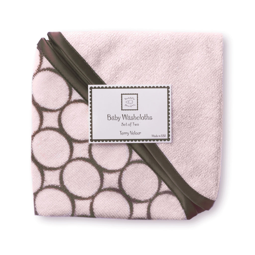 Terry Velour Baby Washcloths - Brown Mod Circles, Pastel Pink