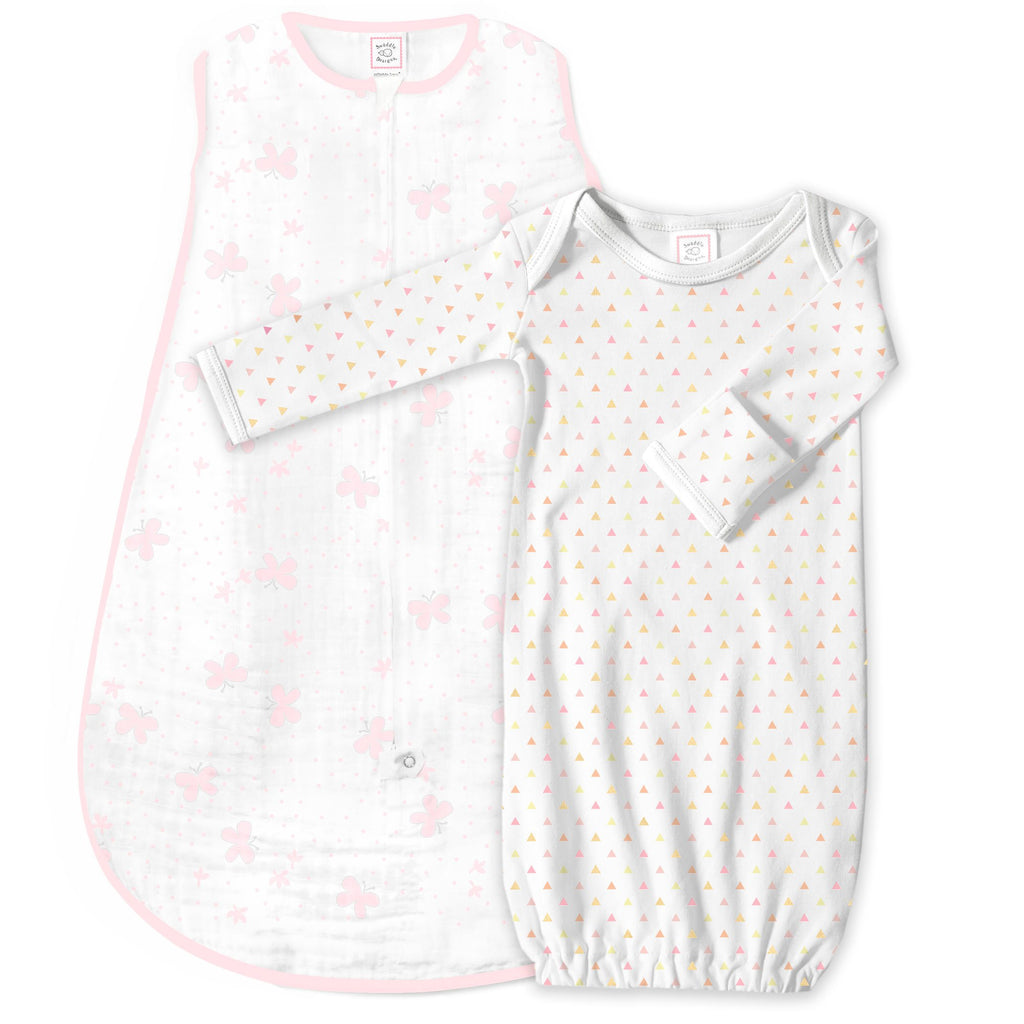 Muslin zzZipMe Sack Set - Butterflies + Tiny Triangles Shimmer, Pastel Pink