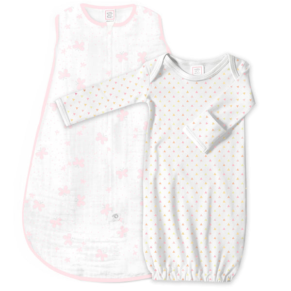 Muslin zzZipMe Sack Set - Butterflies + Tiny Triangles Shimmer, Pastel Pink