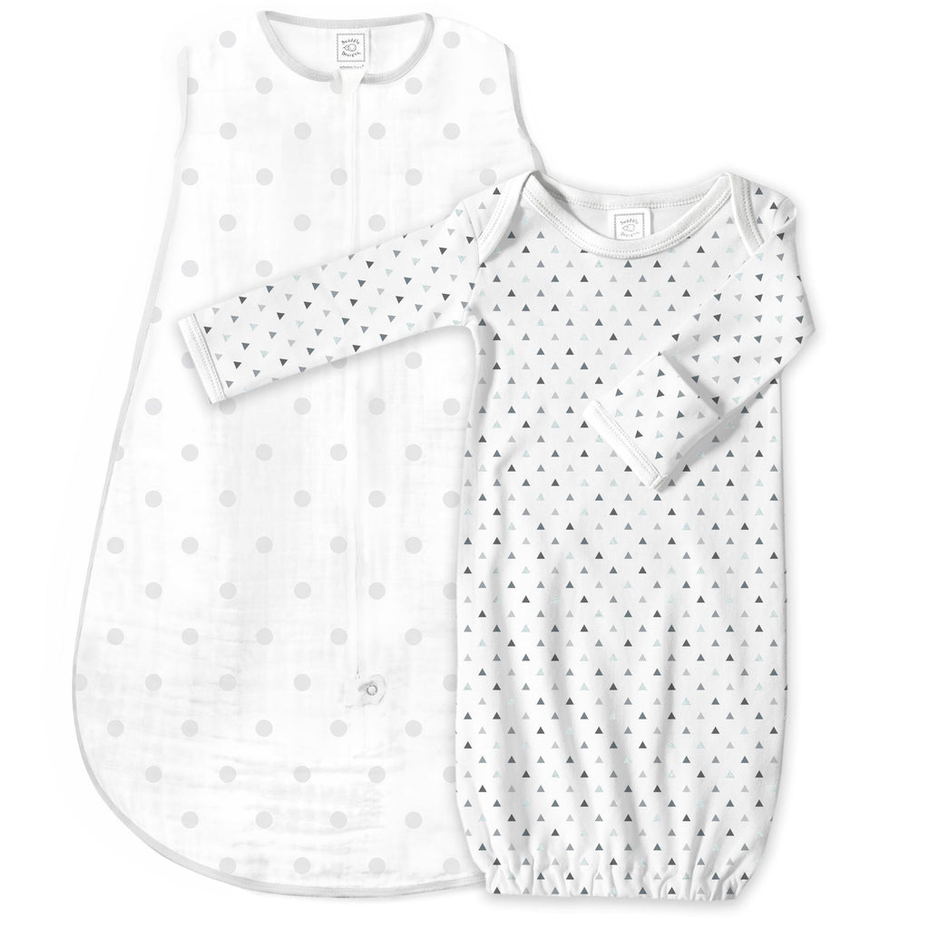 Muslin zzZipMe Sack Set - French Dots + Tiny Triangles Shimmer, Sterling
