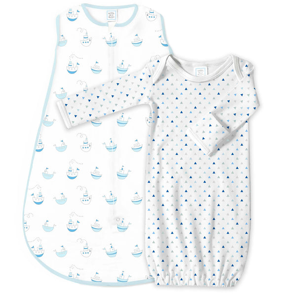 Muslin zzZipMe Sack Set - Little Ships + Tiny Triangles Shimmer, Pastel Blue